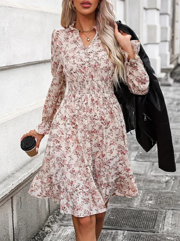 Innovate Your Wardrobe Ruffle Hem Floral Surplice Long Sleeve Dress