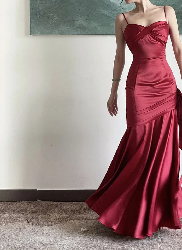 Bold Fashion Burgundy Satin Sweetheart Straps Prom Dress, Burgundy Long Evening Dress       S5246