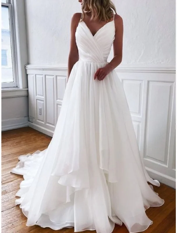 Buy More, Save More Simple Wedding Dresses Sheath / Column Camisole Sleeveless Court Train Chiffon Bridal Gowns With Pleats