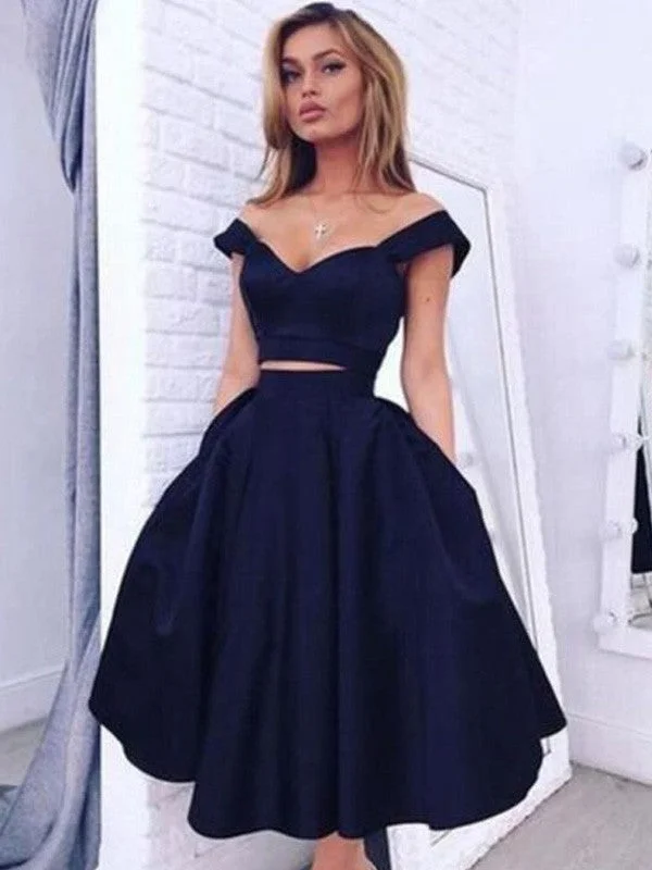 All Season Fashion Collection A-Line/Princess Off-the-Shoulder Sleeveless Tea-Length Satin Two Piece Dresses