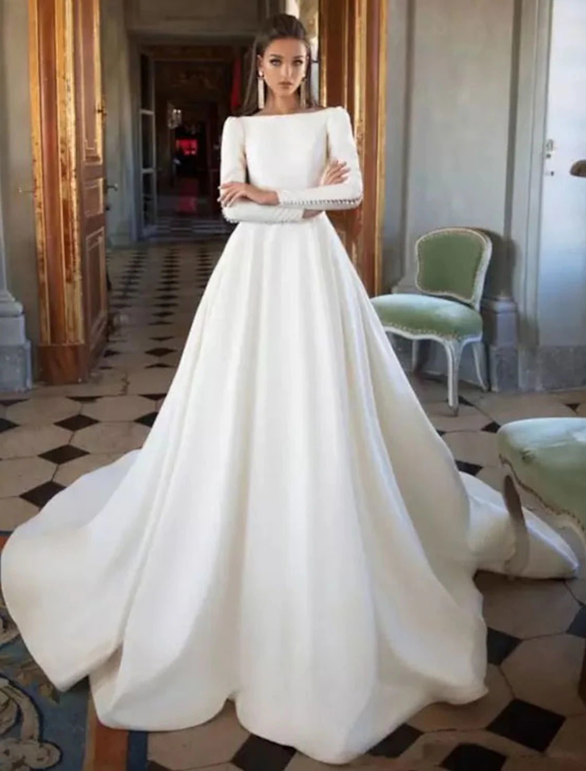 Effortless Comfort Formal Fall Wedding Dresses Ball Gown Scoop Neck Long Sleeve Court Train Satin Bridal Gowns With Buttons Pleats Summer Wedding Party, Women‘s Clothing