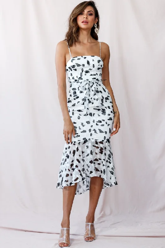 Budget Friendly Hadassah High-Low Fluted Hem Midi Dress Animal Print White