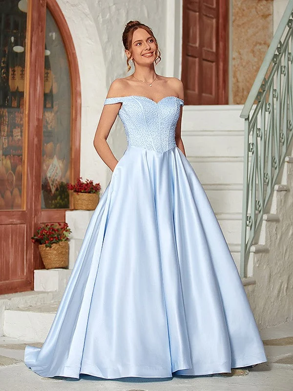 Eclectic Style Wardrobe Ball Gown Satin Beading Off-the-Shoulder Sleeveless Sweep/Brush Train Dresses