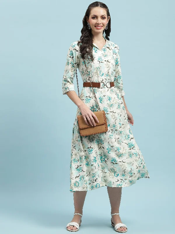 Polished Finish Women Blue Floral Print Dress