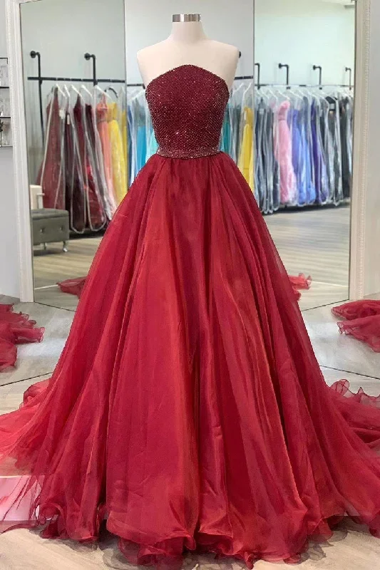 Exclusive Sale Pretty Strapless Long A Line Prom Dress Charming Burgundy Prom Gowns Y0037