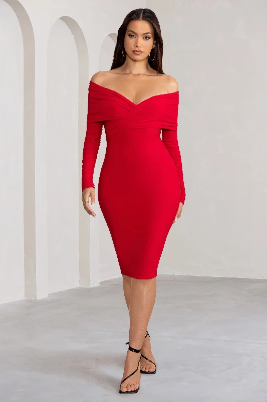 Fashion Forward Femme Flatter Me | Red Twist Front Bardot Midi Dress