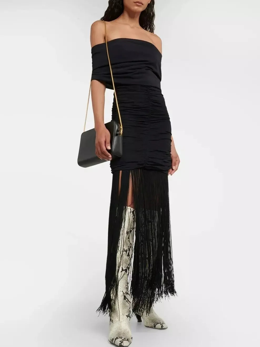 Wardrobe Refresh Fringed Black Off Shoulder Ruched Maxi Dress