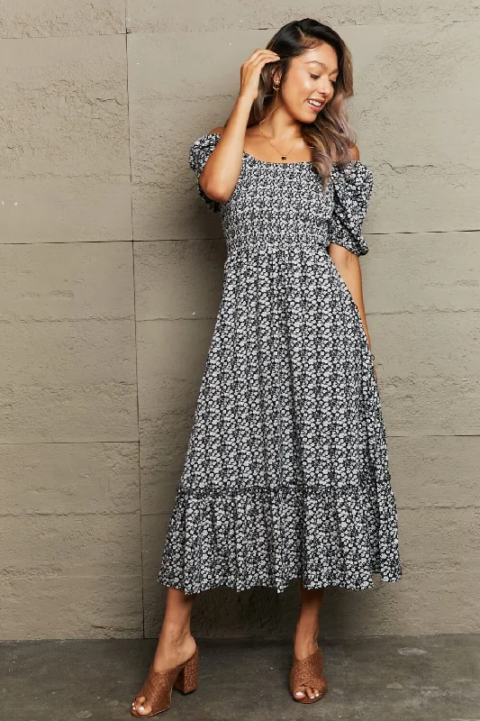 Latest Fashion Floral Lace-Up Off-Shoulder Midi Dress