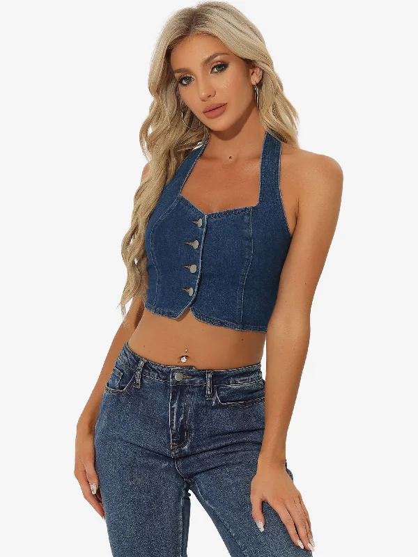 Big Savings On Rustic Countryside Styles Denim Crop Sleeveless Button Front Halter Tank Top