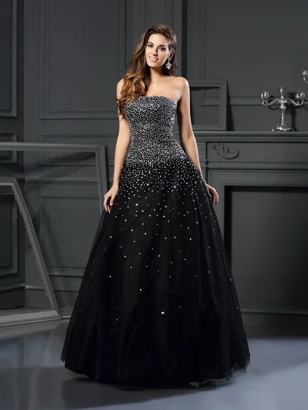 Casual Chic Ball Gown Strapless Beading Sleeveless Long Satin Quinceanera Dresses