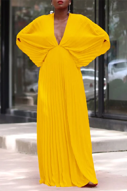 Seasonal Style Discounts Solid Color Unique Batwing Sleeve Pleated Maxi Dress