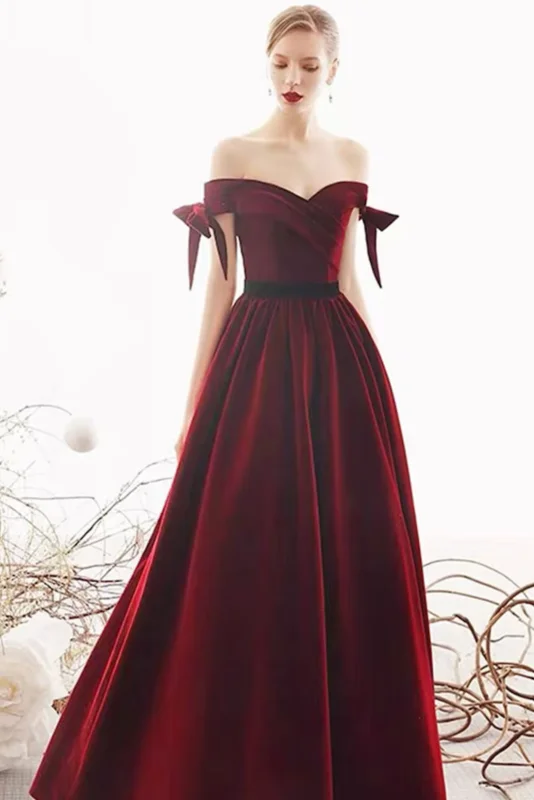 Versatile Style Wardrobe Off-the-shoulder Wine Ball gown Velvet Sweetheart A-line Prom Dress Y0464