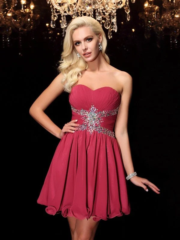 Versatile Wardrobe Essentials A-Line/Princess Sweetheart Rhinestone Sleeveless Short Chiffon Dresses