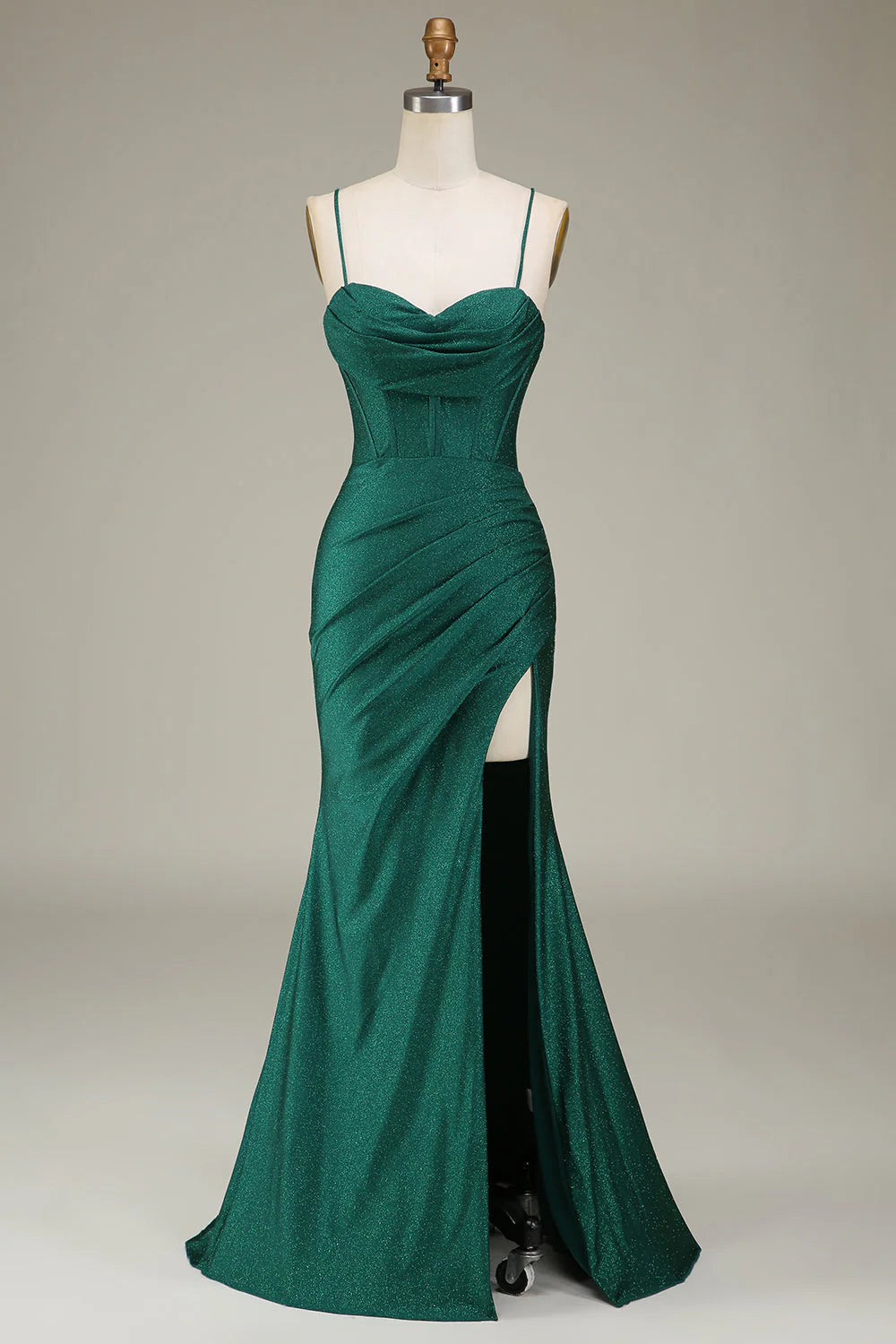 Elegant Details Amzcw Dark Green Mermaid Spaghetti Straps Satin Corset Prom Dress with Slit prom dresses with long sleeves