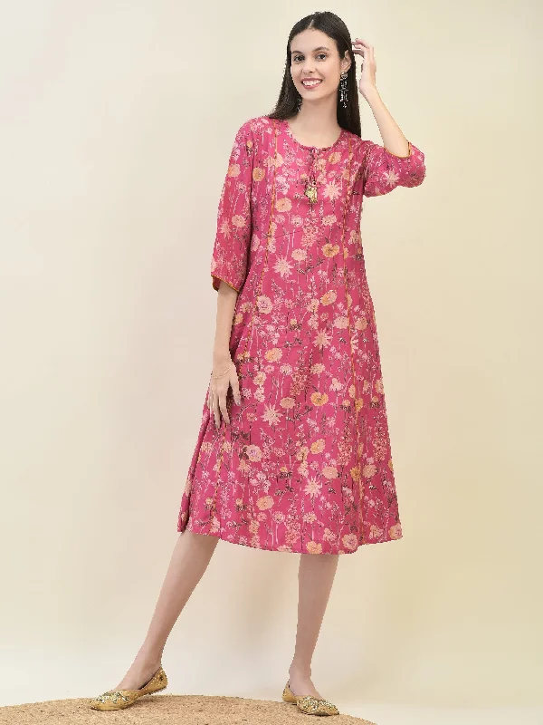 Limited Styles Women Viscose Pink Floral Print Dress