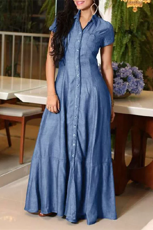 Big Savings Solid Color On-trend Single Breasted Denim Maxi Dress