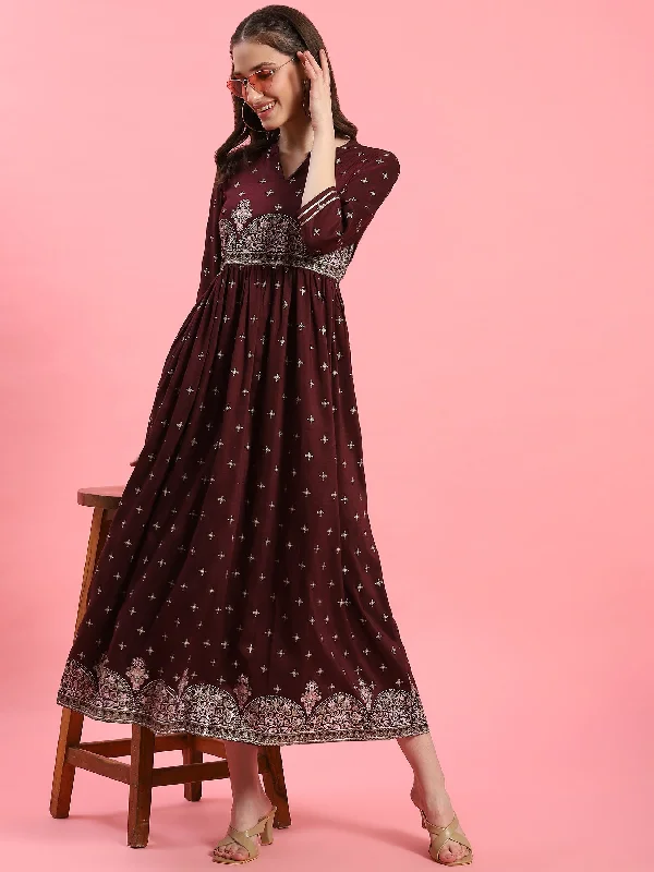 Fashionista Favorites Women Burgundy Floral Printed Dress