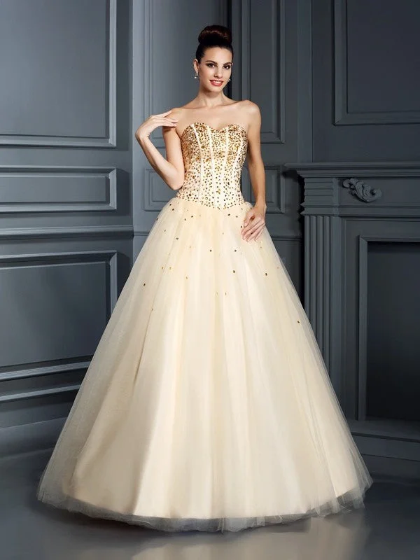 Save Big Ball Gown Sweetheart Beading Sleeveless Long Satin Quinceanera Dresses