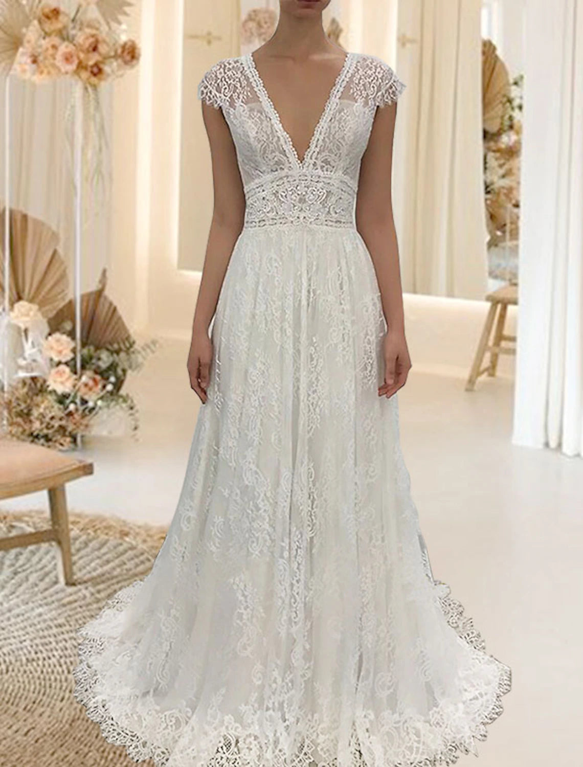 Flash Sale, Don'T Miss Beach Open Back Wedding Dresses A-Line V Neck Cap Sleeve Sweep / Brush Train Lace Bridal Gowns With Appliques