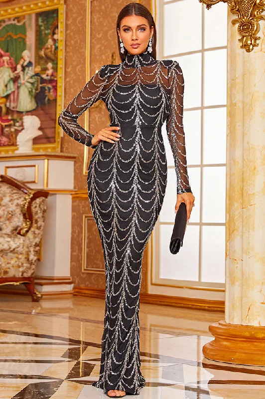 Trendy Attire For Her High Neck Long Sleeve Sparkly Evening Gown Islamic Sequins Prom Dresses