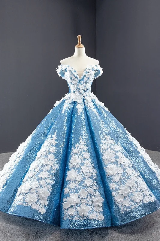 Elevate Your Wardrobe Chic Off The Shoulder Blue Ball Gown Princess Prom Dresses With Appliques Y0065