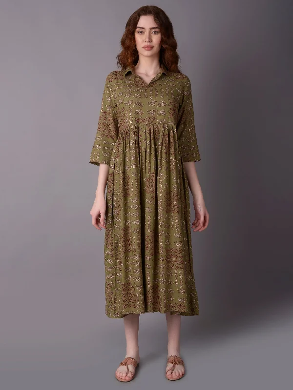 Trend Alert Women Olive Floral Printed Dress