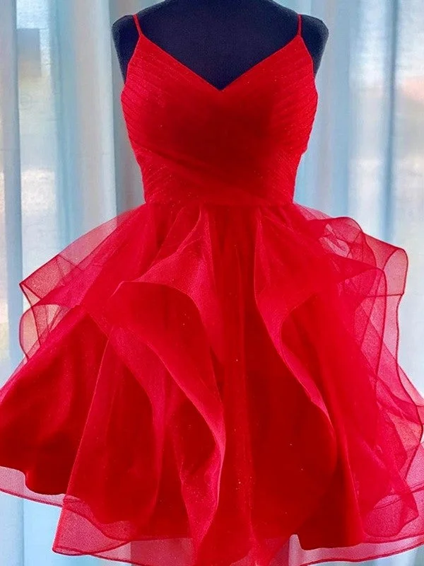 Fashion For Every Occasion A-Line/Princess Tulle Spaghetti Straps Sleeveless Ruffles Short/Mini Homecoming Dresses