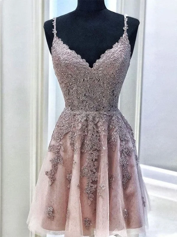 Chic Styles A-Line/Princess Tulle Beading Spaghetti Straps Sleeveless Short/Mini Homecoming Dresses