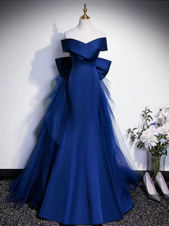 Subtle Sophistication Royal Blue Mermaid Satin Long Prom Dress, Off Shoulder Blue Evening Dress     S4967