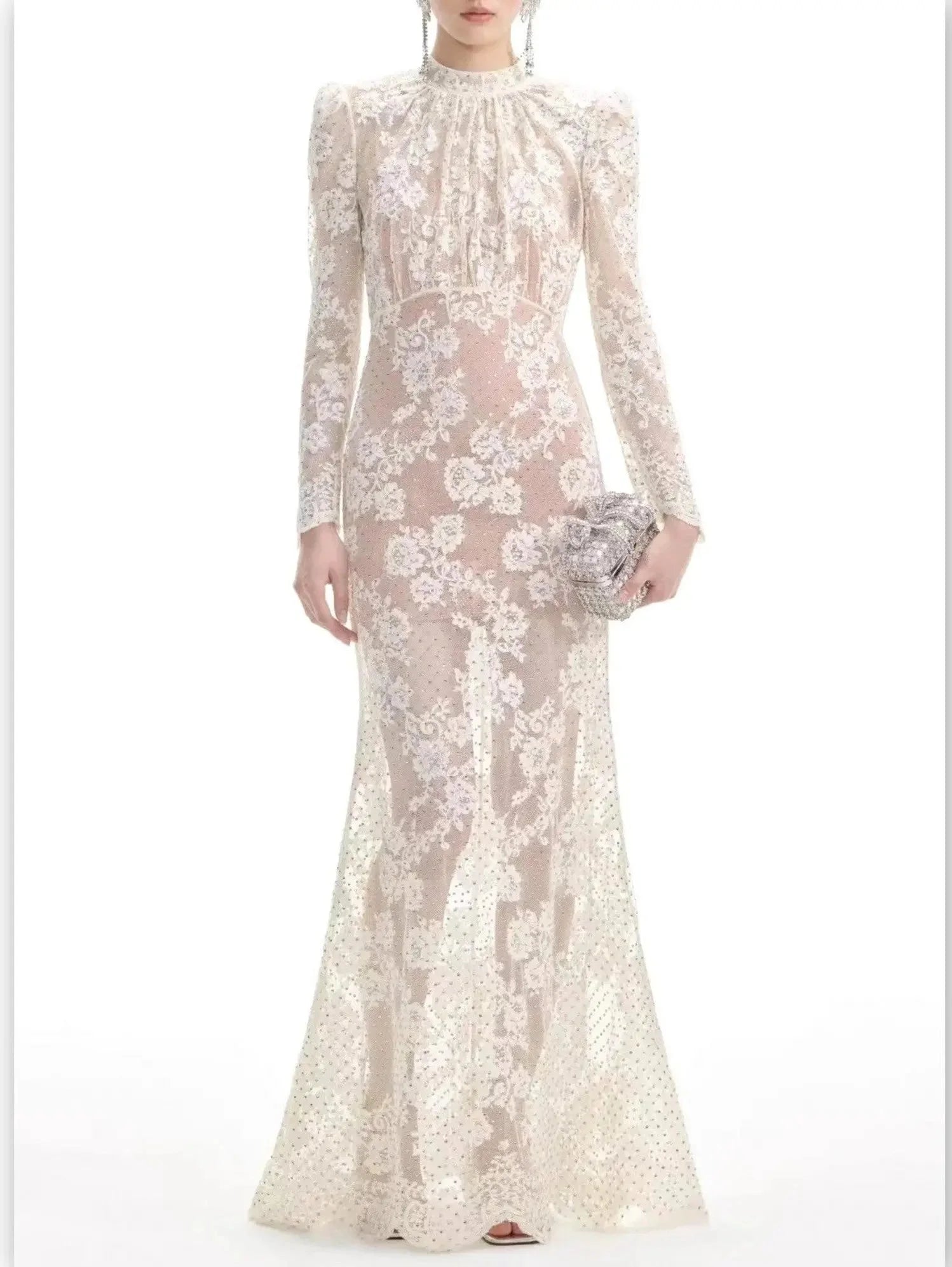 Clearance Event Crystal and Lace Long-Sleeve Maxi Dress