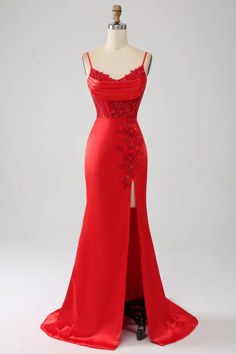 Everyday Glamour Amzcw Red Mermaid Spaghetti Straps Satin Beaded Prom Dress with Slit