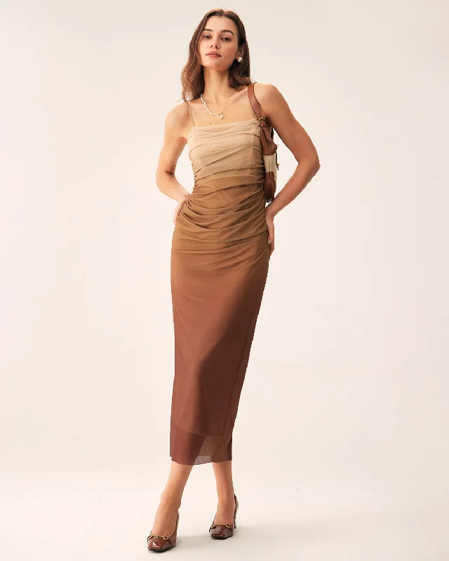 Season Transition Versatile Wear Clearance Brown Ruched Mesh Slip Midi Dress