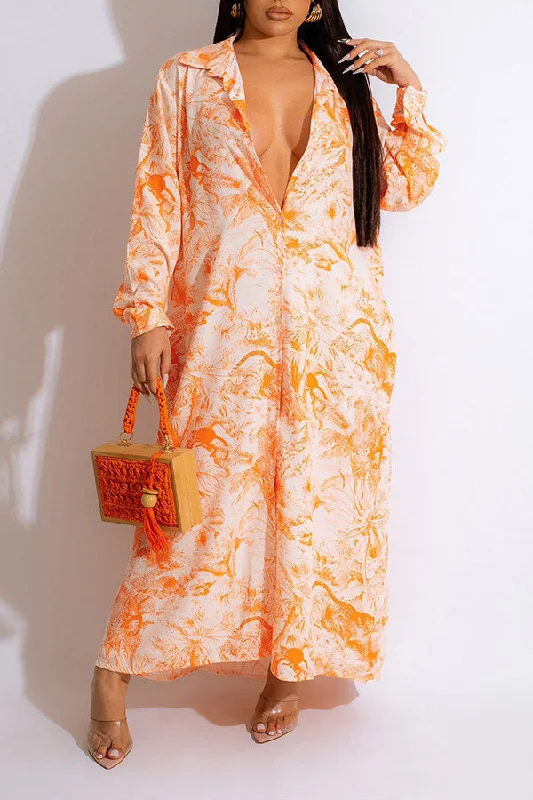 Big Discounts Natural Print Relaxed Single Breasted Maxi Dress