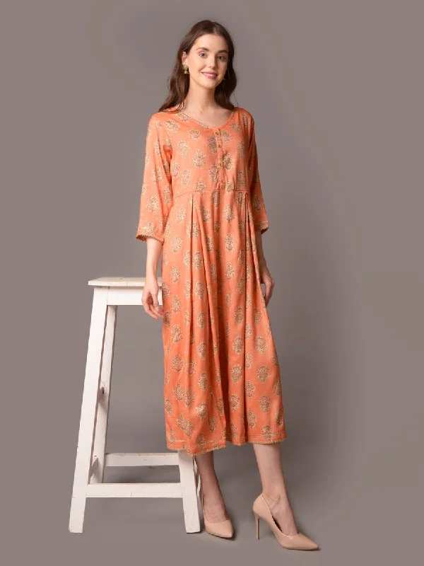 Elegant Styles Women Peach Floral Print Dress