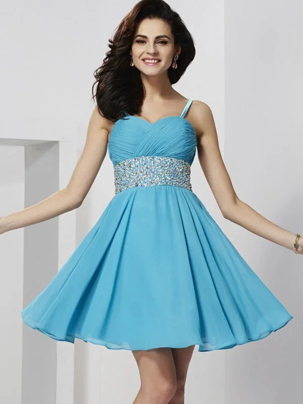 Seasonal Sale A-Line/Princess Spaghetti Straps Sleeveless Rhinestone Short Chiffon Homecoming Dresses