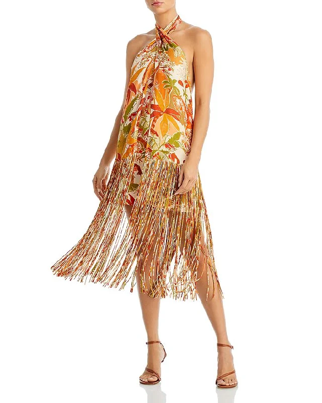 Special Occasion Wear FARM Rio Women Leopard Forest Sand Halter Neck Fringe Mini Dress Orange Print