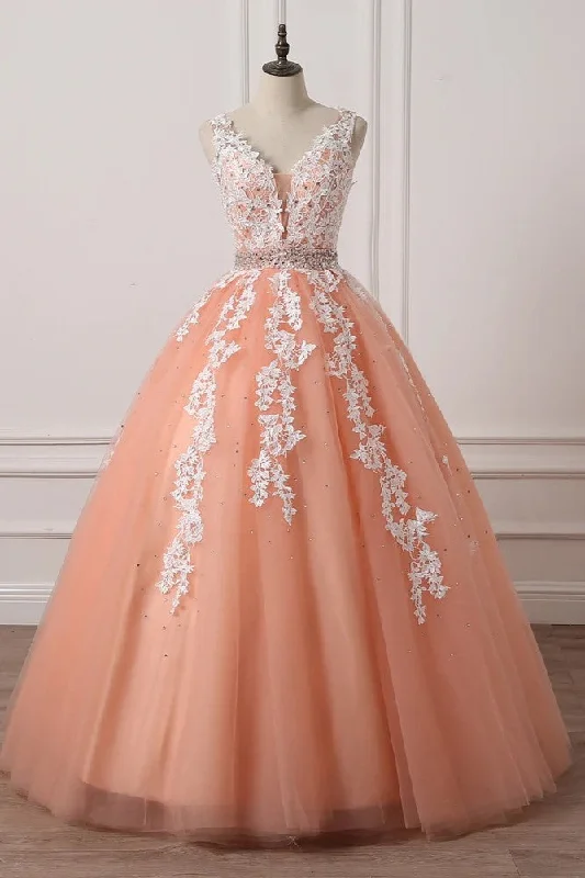 Insane Discount Onslaught Charming Coral Princess V-Neck Lace Applique Beaded Prom Dress Ball Gown Sweet 16 Dresses