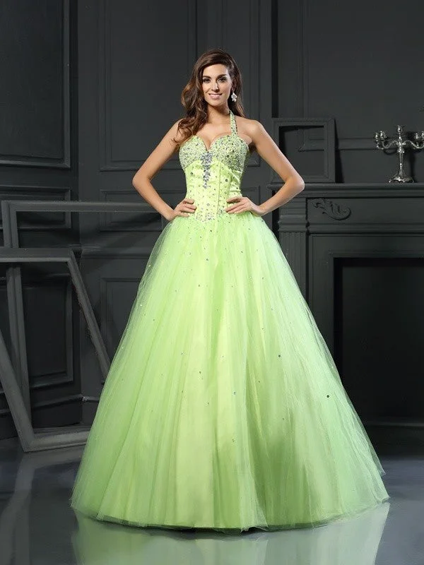 Limited Styles Ball Gown Halter Beading Sleeveless Long Satin Quinceanera Dresses