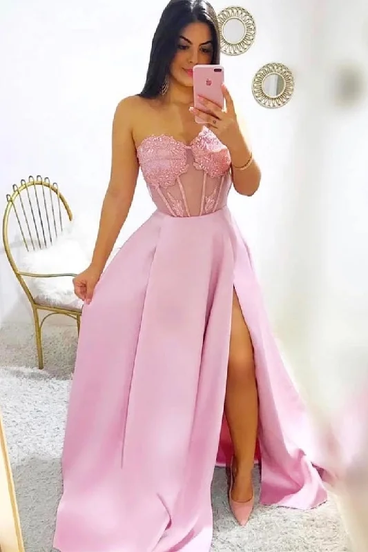 Urban Femme Streetwear Modest A Line Sweetheart Split Long Prom Dresses Fashion Prom Gowns with Appliques N2519