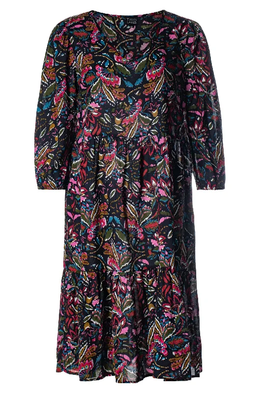 Style Redefined V neck Cotton Rayon Dress | Navy Olive Floral | 6543ZZ