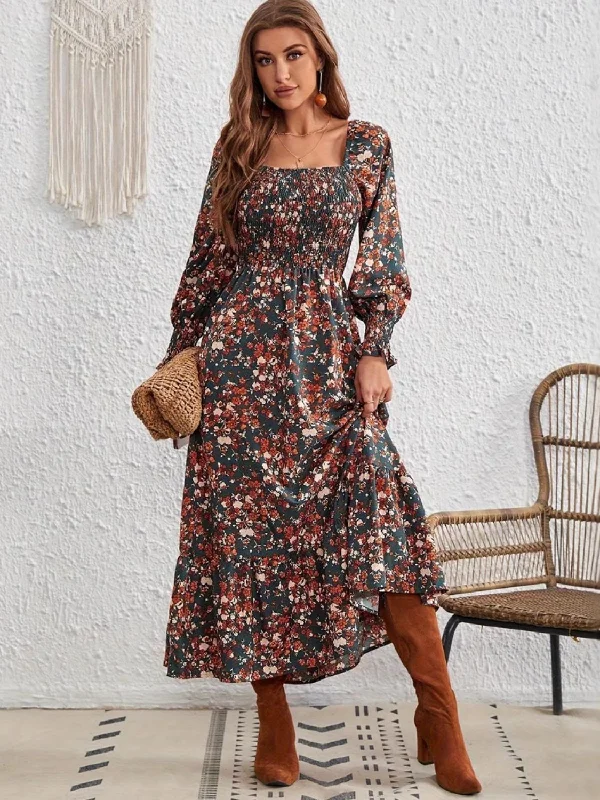 Chic Trend Collection Smocked Floral Square Neck Long Sleeve Dress