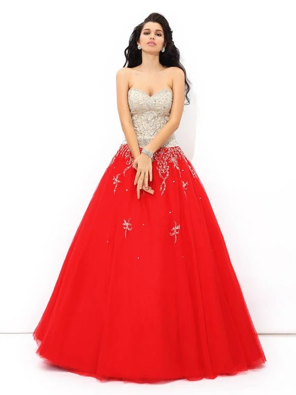 Elegant Style Ball Gown Sweetheart Beading Sleeveless Long Satin Quinceanera Dresses