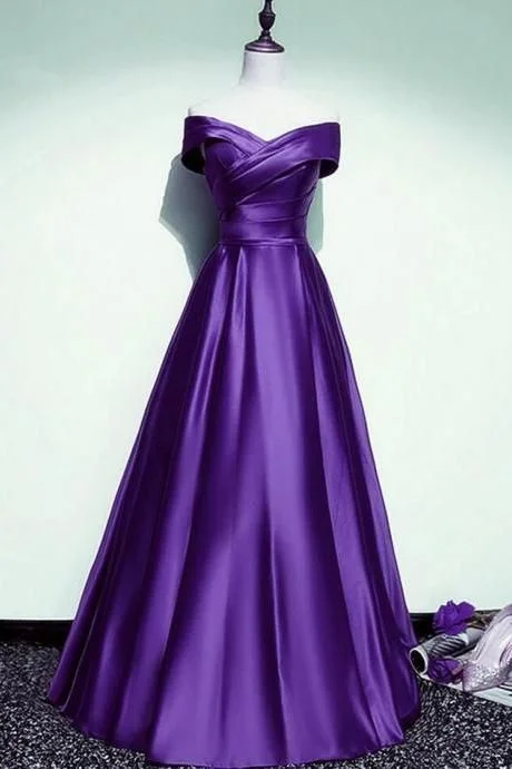 Limited - Edition Drops Off Shoulder A-line Purple Satin Long Party Dresses        S3538