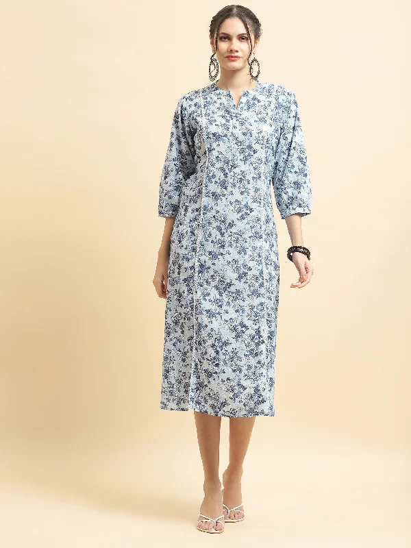 Comfortable Clothes Women Cotton Blue Floral Print Dress