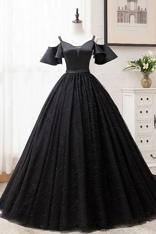 Stylish Savings Black Ball Gown Off The Shoulder Straps Long Lace Prom Dresses