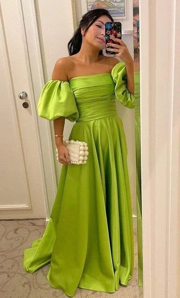 Classic Timeless Elegant Style Sexy Off Shoulder Puff Sleeve Prom Gown,Green Satin Long Formal Evening Dresses        S3728