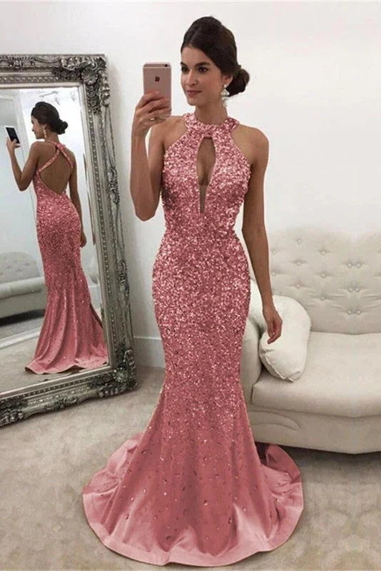 Stylish Looks Glitter Modest Long Sheath Beading Open Back Long Prom Dresses Party Gowns Y0063