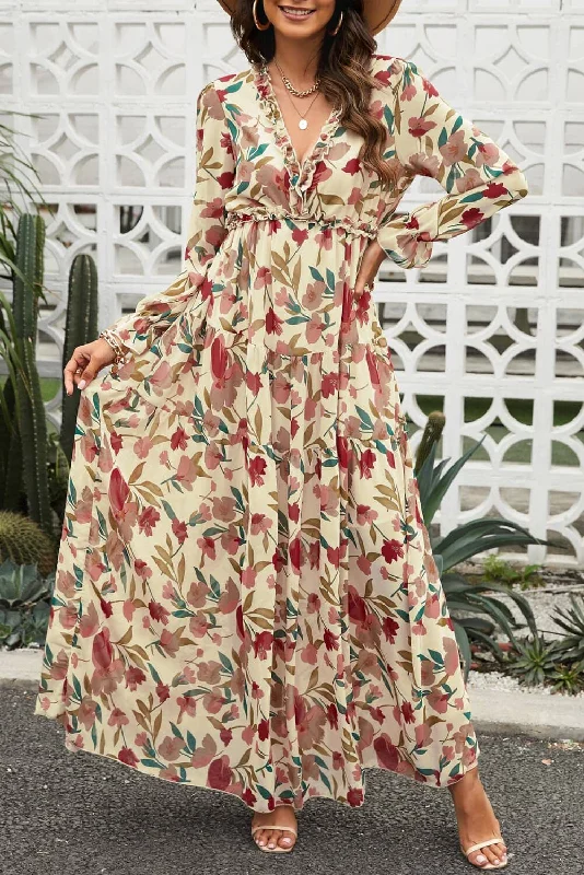 Casual Fashion Floral Frill Trim Flounce Sleeve Plunge Maxi Dress