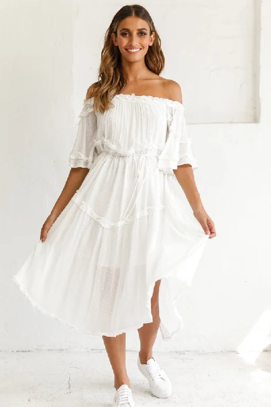 Seize Bargains Renoir Off-Shoulder Frill Trim Midi Dress White