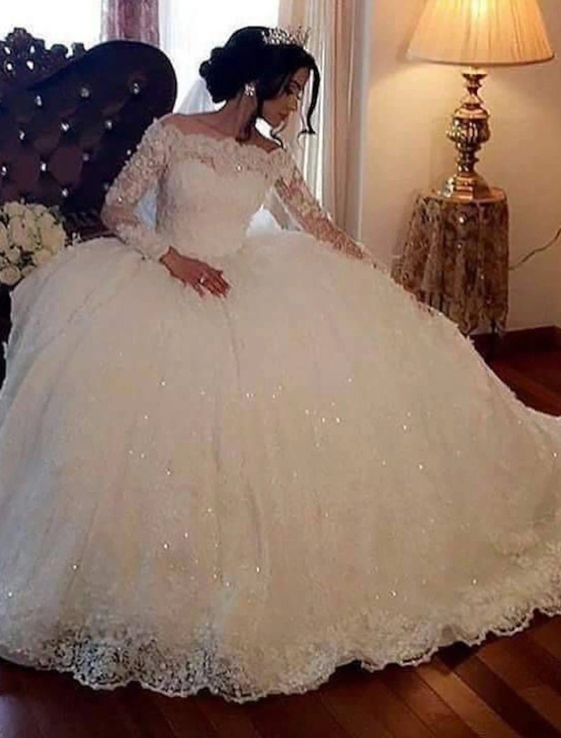 Vibrant Styles Engagement Formal Fall Wedding Dresses Ball Gown Off Shoulder Long Sleeve Floor Length Lace Bridal Gowns With Beading Sequin Summer Wedding Party, Women‘s Clothing